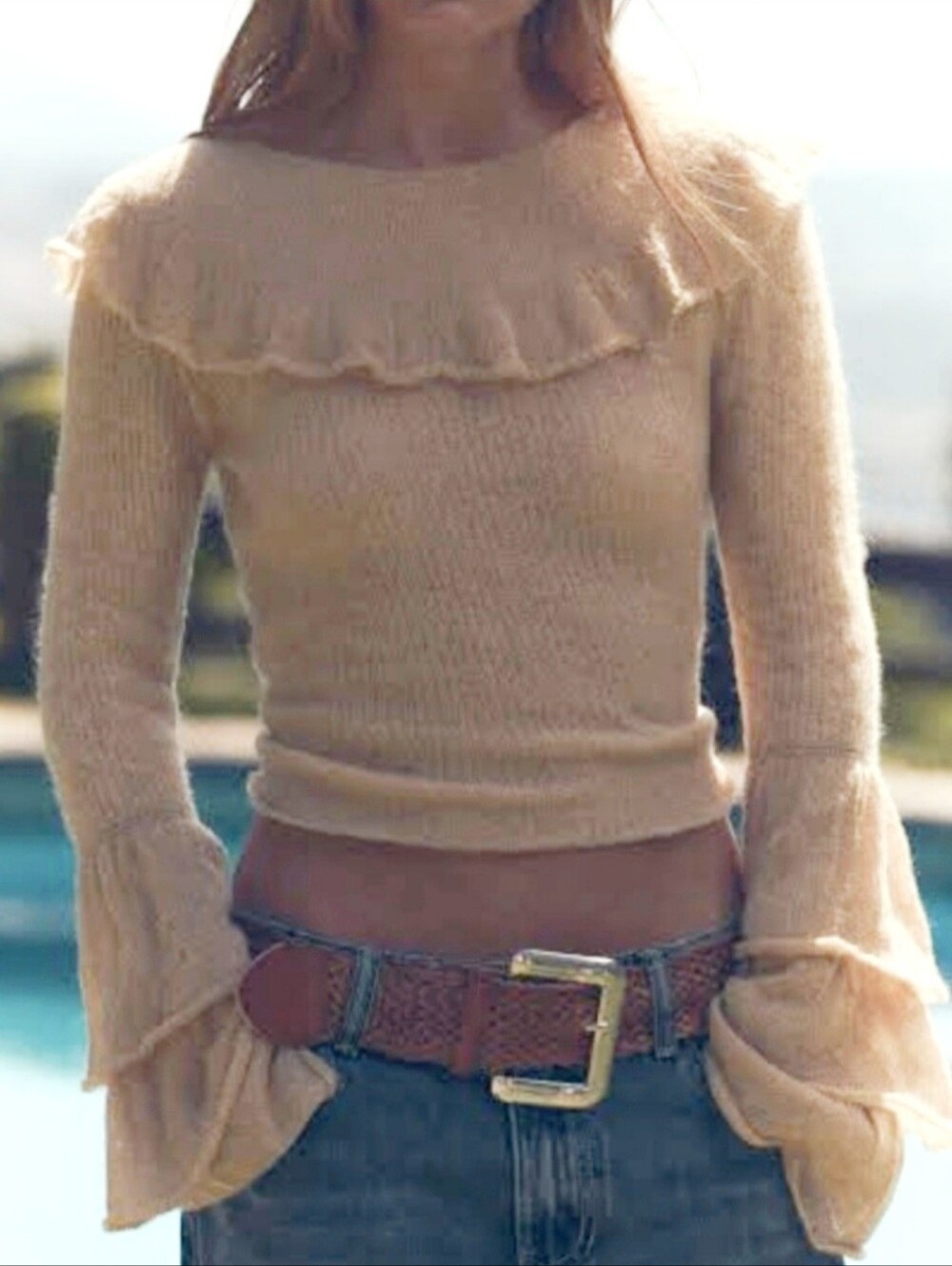 Zara Cream Ruffle Yoke Bell Sleeve Light Knit Sweater Cream Size Medium NEW